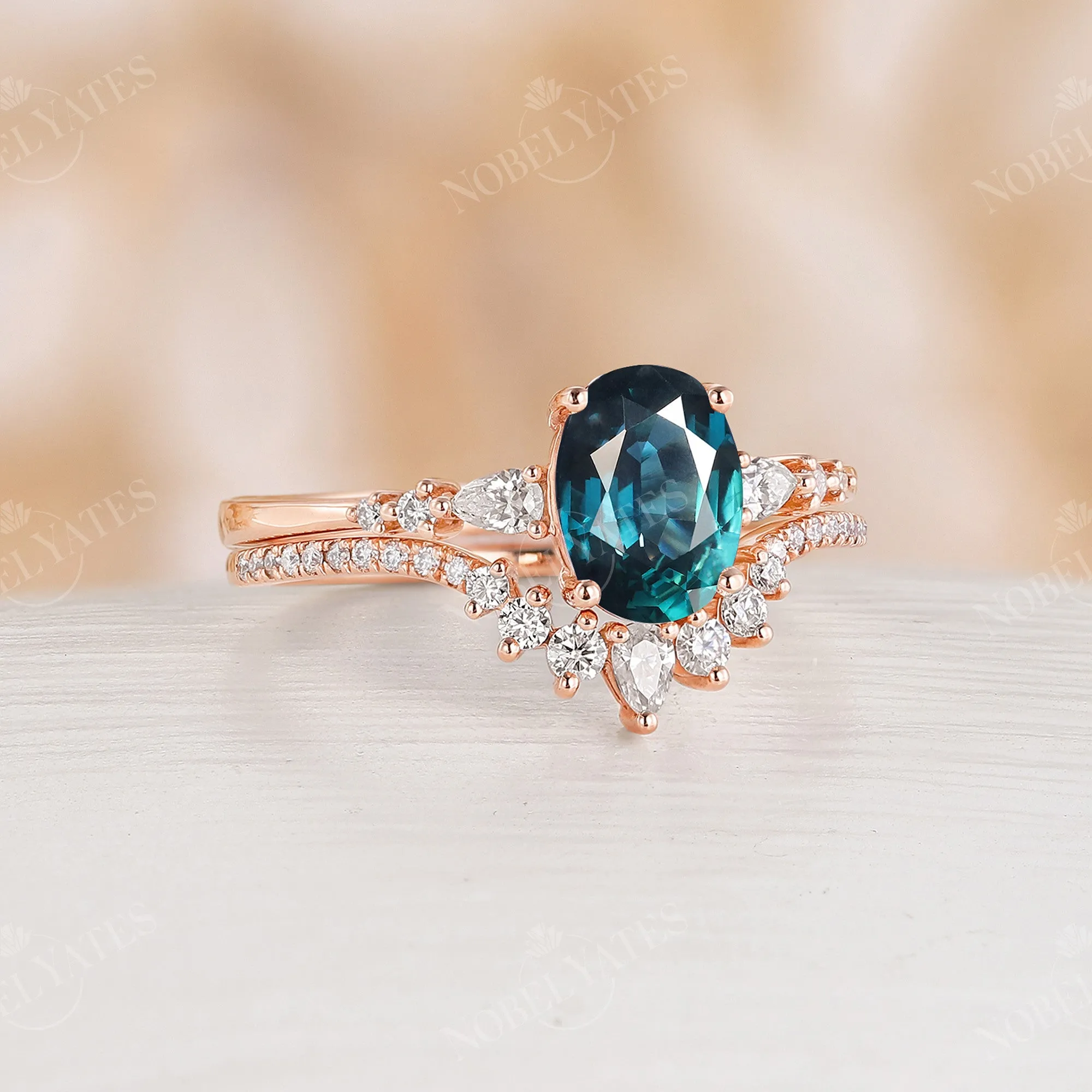 Natural Teal Sapphire Oval Rose Gold Bridal Set Curved Matching Band