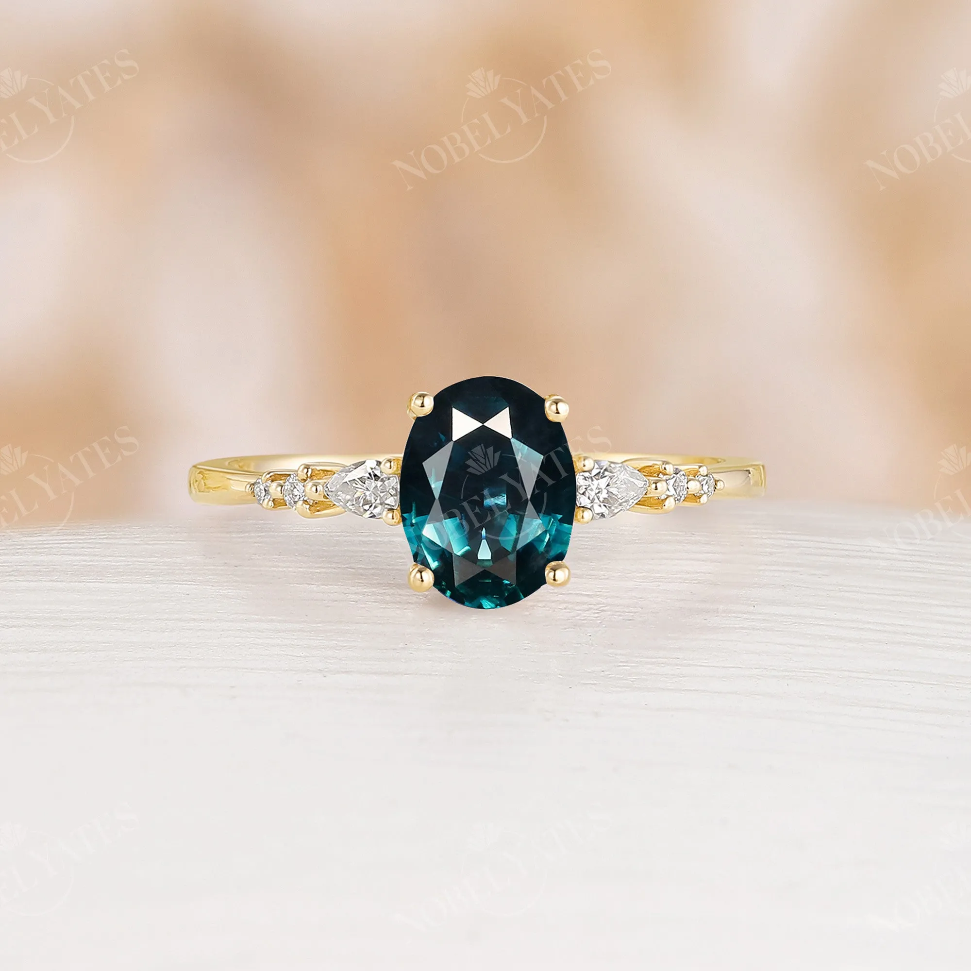 Natural Teal Sapphire Oval Rose Gold Bridal Set Curved Matching Band