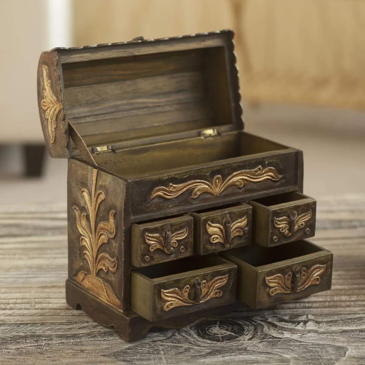 Novica Antique Green Wood And Leather Jewelry Box