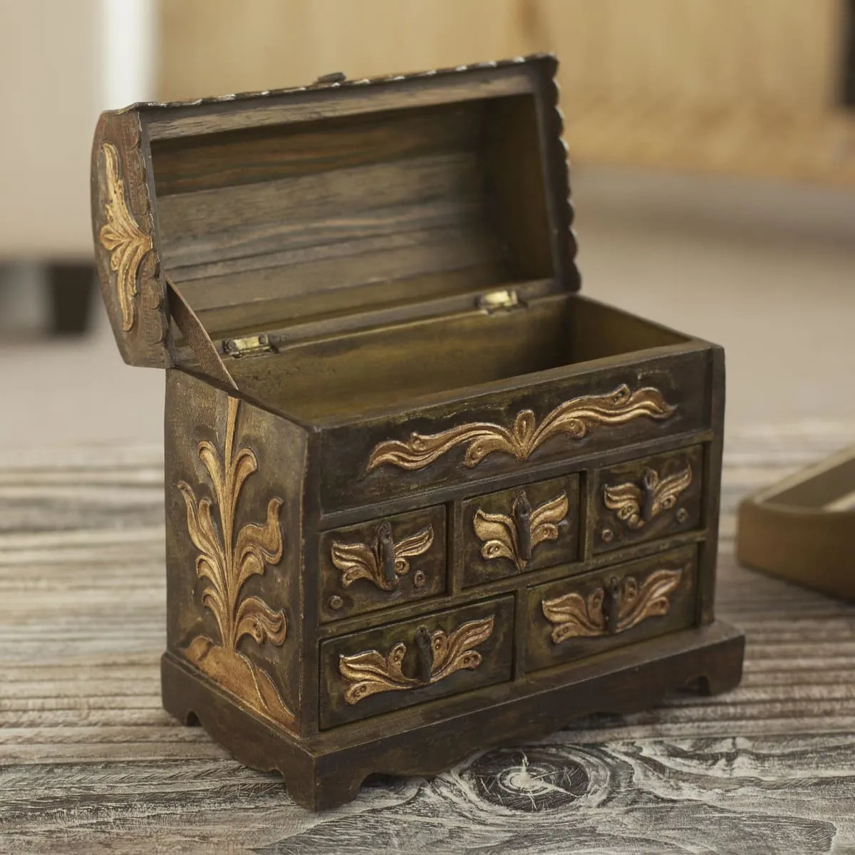 Novica Antique Green Wood And Leather Jewelry Box