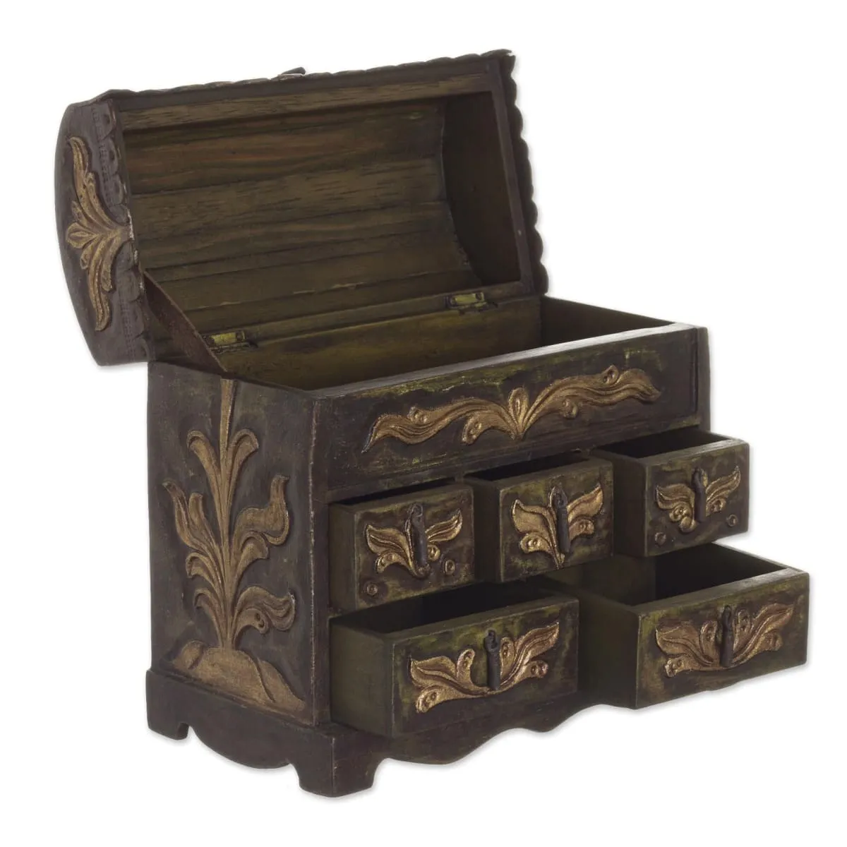 Novica Antique Green Wood And Leather Jewelry Box