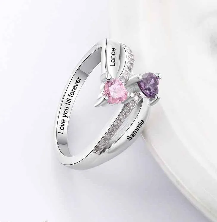 Personalized Mother's Ring 2 Heart Birthstones True Loves 2 Names