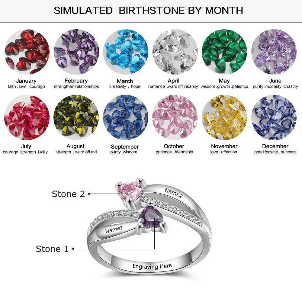 Personalized Mother's Ring 2 Heart Birthstones True Loves 2 Names