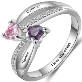 Personalized Mother's Ring 2 Heart Birthstones True Loves 2 Names