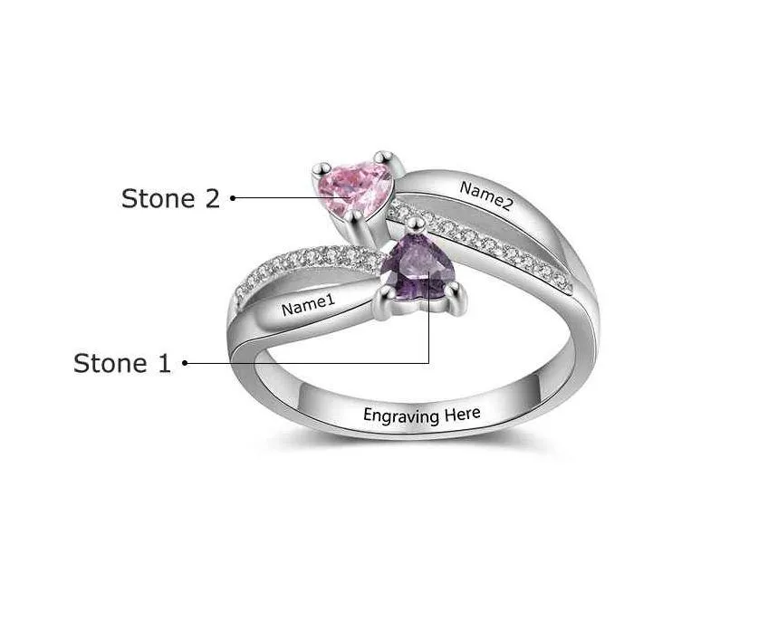 Personalized Mother's Ring 2 Heart Birthstones True Loves 2 Names