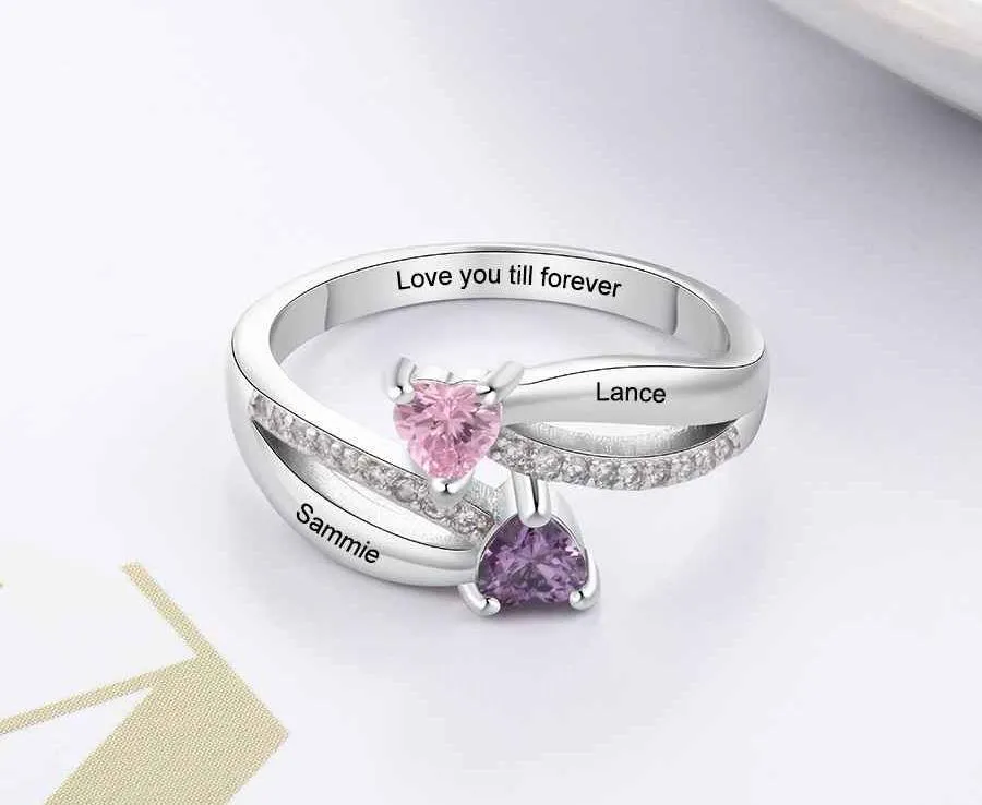 Personalized Mother's Ring 2 Heart Birthstones True Loves 2 Names