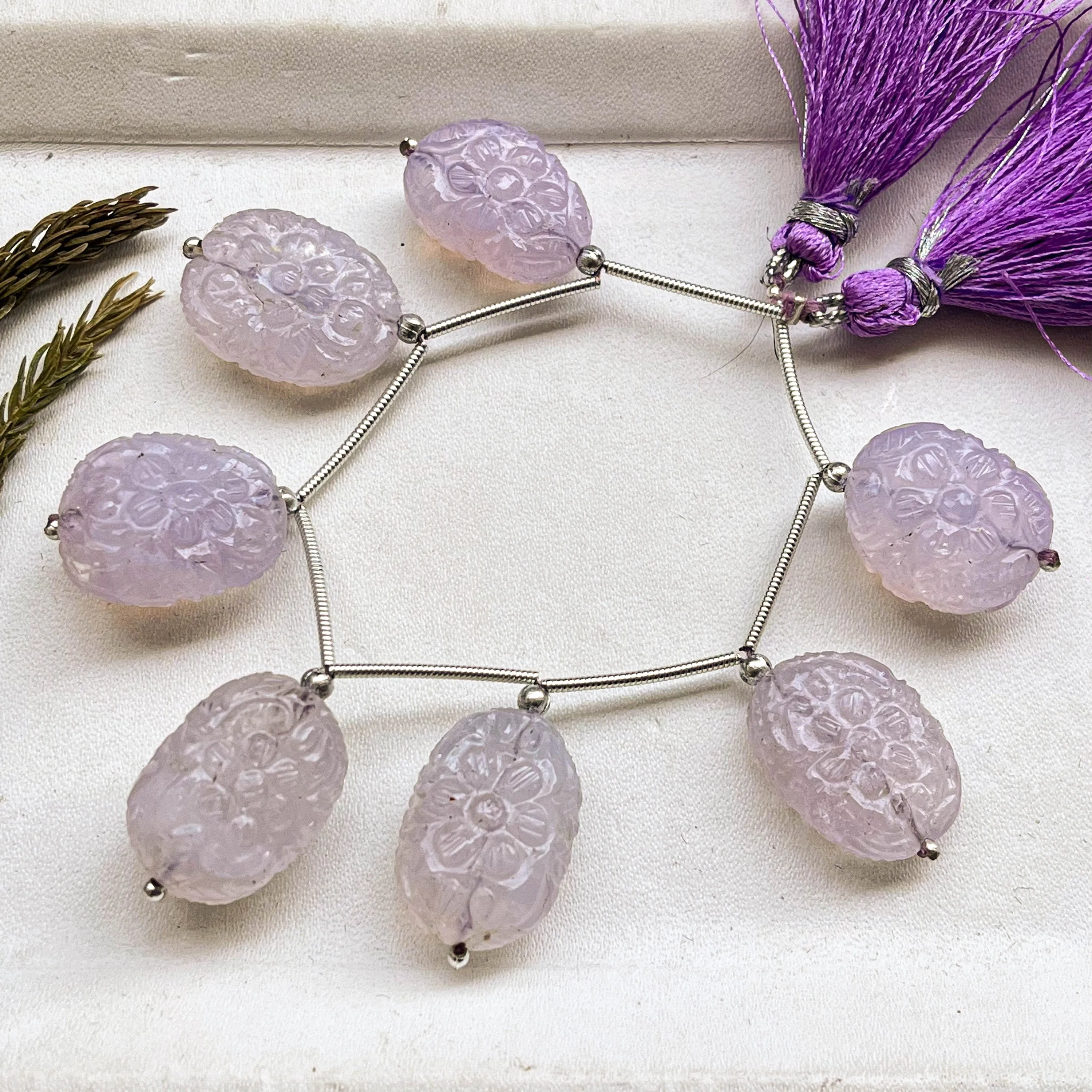 Rare! Lavender Quartz Flower carved Tumble Beads