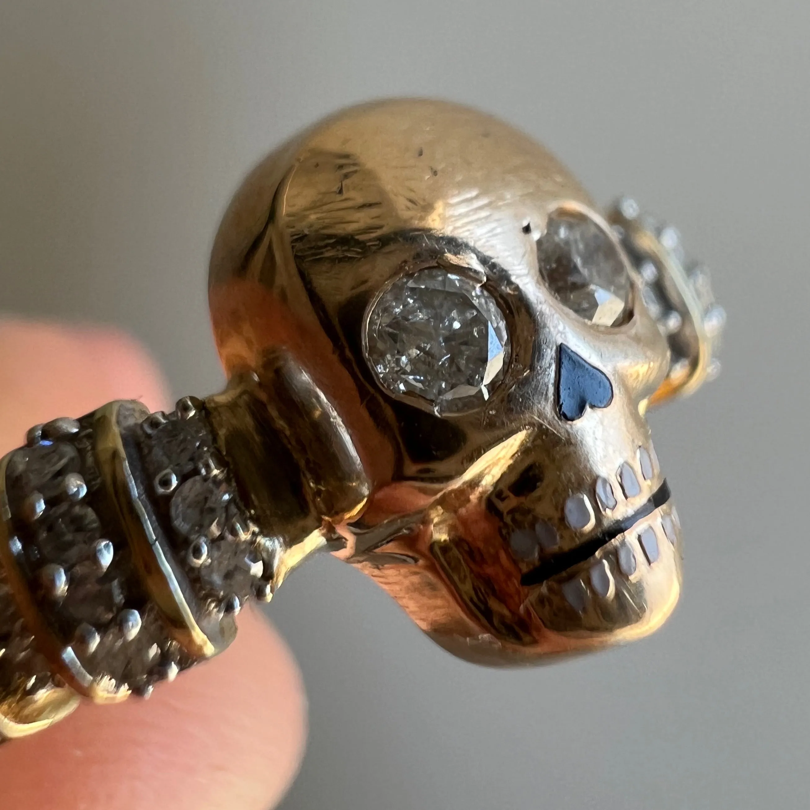 reimagined V I N T A G E // memento mori grin / solid 10k and diamond fraternal skull pin conversion ring / size 7