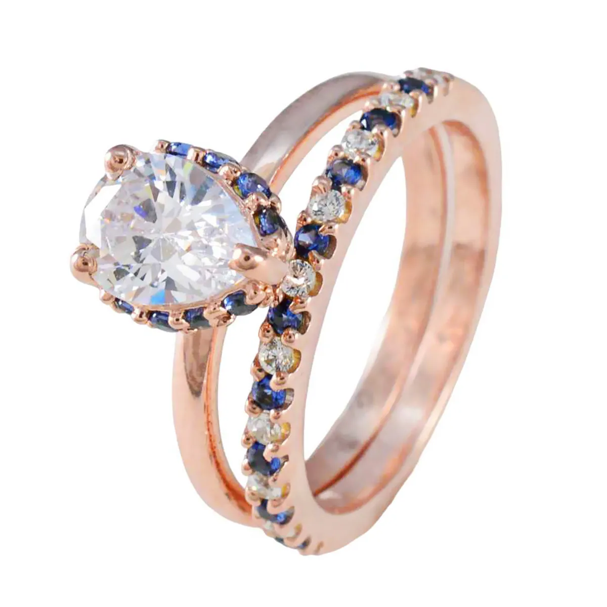 Riyo Attractive Silver Ring With Rose Gold Plating Blue Sapphire CZ Stone Pear Shape Prong Setting Stylish Jewelry Valentines Day Ring