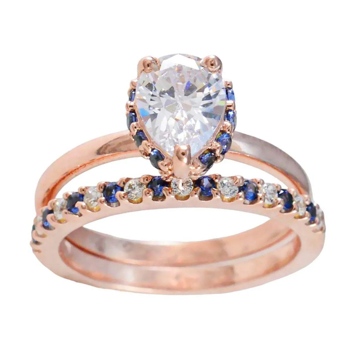 Riyo Attractive Silver Ring With Rose Gold Plating Blue Sapphire CZ Stone Pear Shape Prong Setting Stylish Jewelry Valentines Day Ring