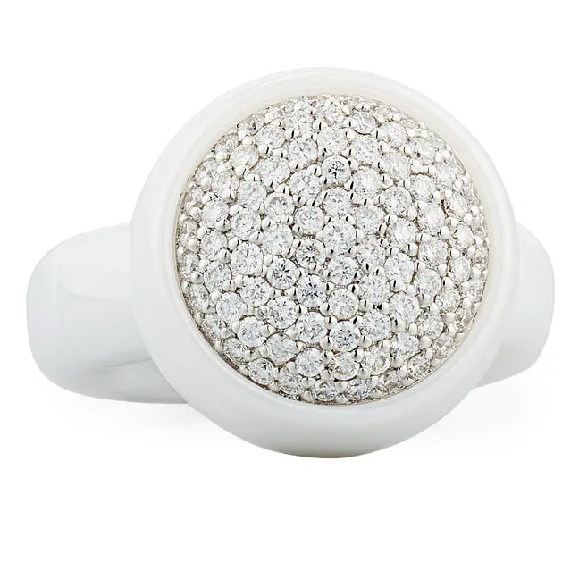 Roberto Demeglio Dama Elastic Stretch Large Ring in White Shiny Ceramic with Round Diamonds