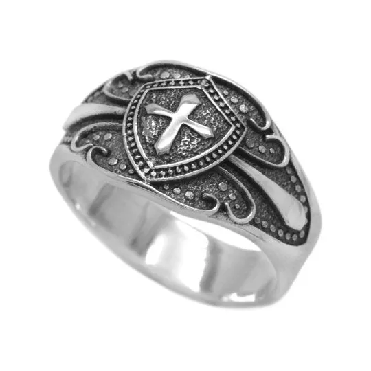 Shield and Cross with Pattern Mens Signet Rings