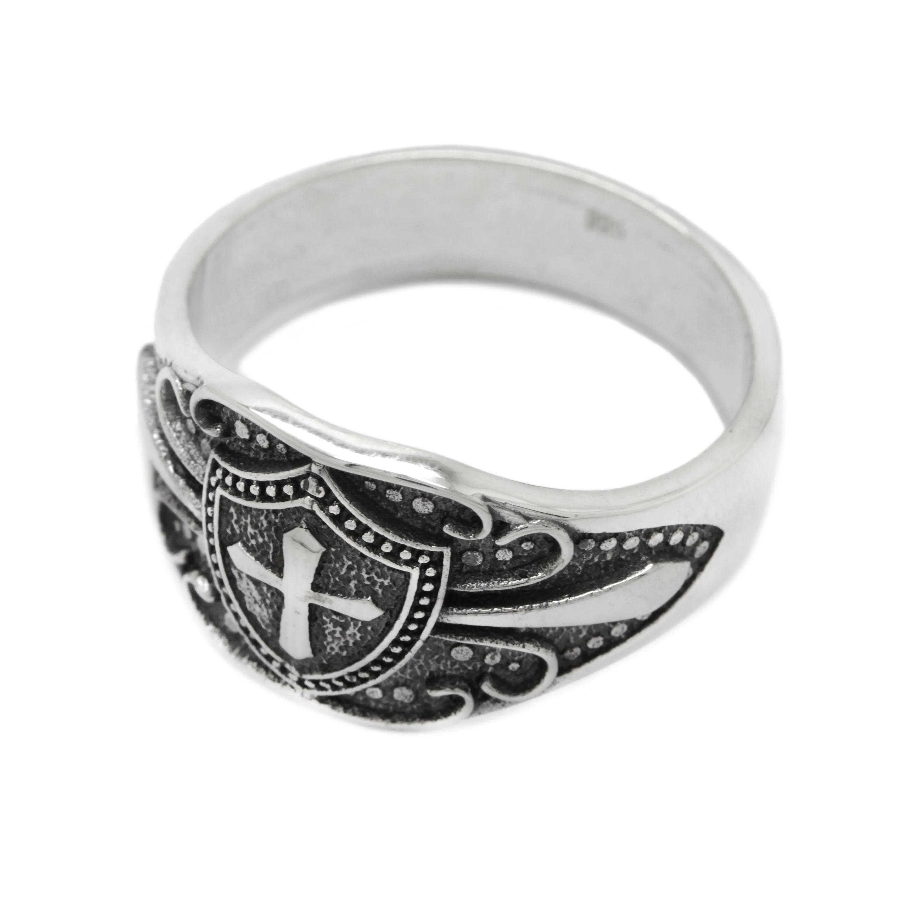 Shield and Cross with Pattern Mens Signet Rings