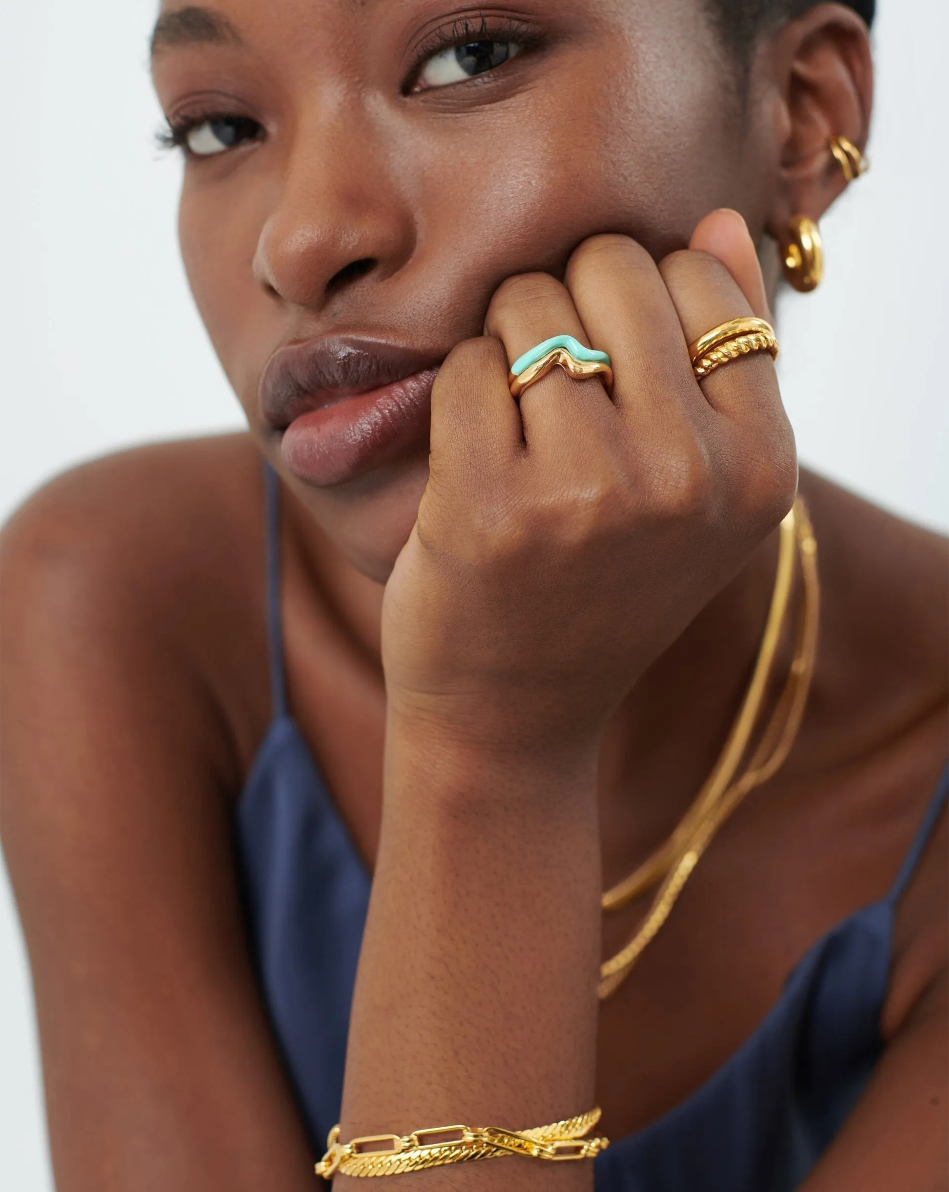 Squiggle Curve Two Tone Enamel Stacking Ring | 18ct Gold Plated Vermeil/Neon Aqua