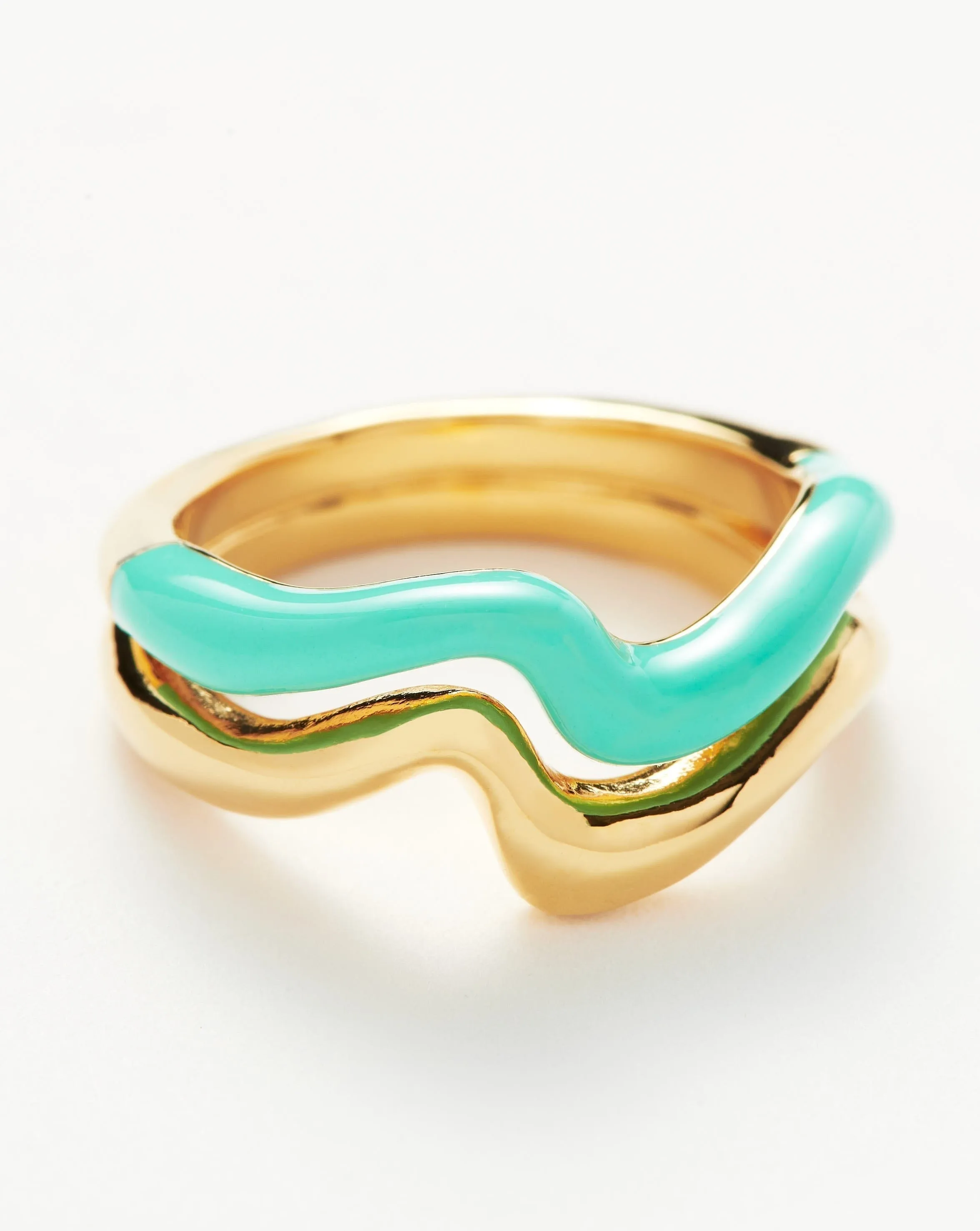 Squiggle Curve Two Tone Enamel Stacking Ring | 18ct Gold Plated Vermeil/Neon Aqua