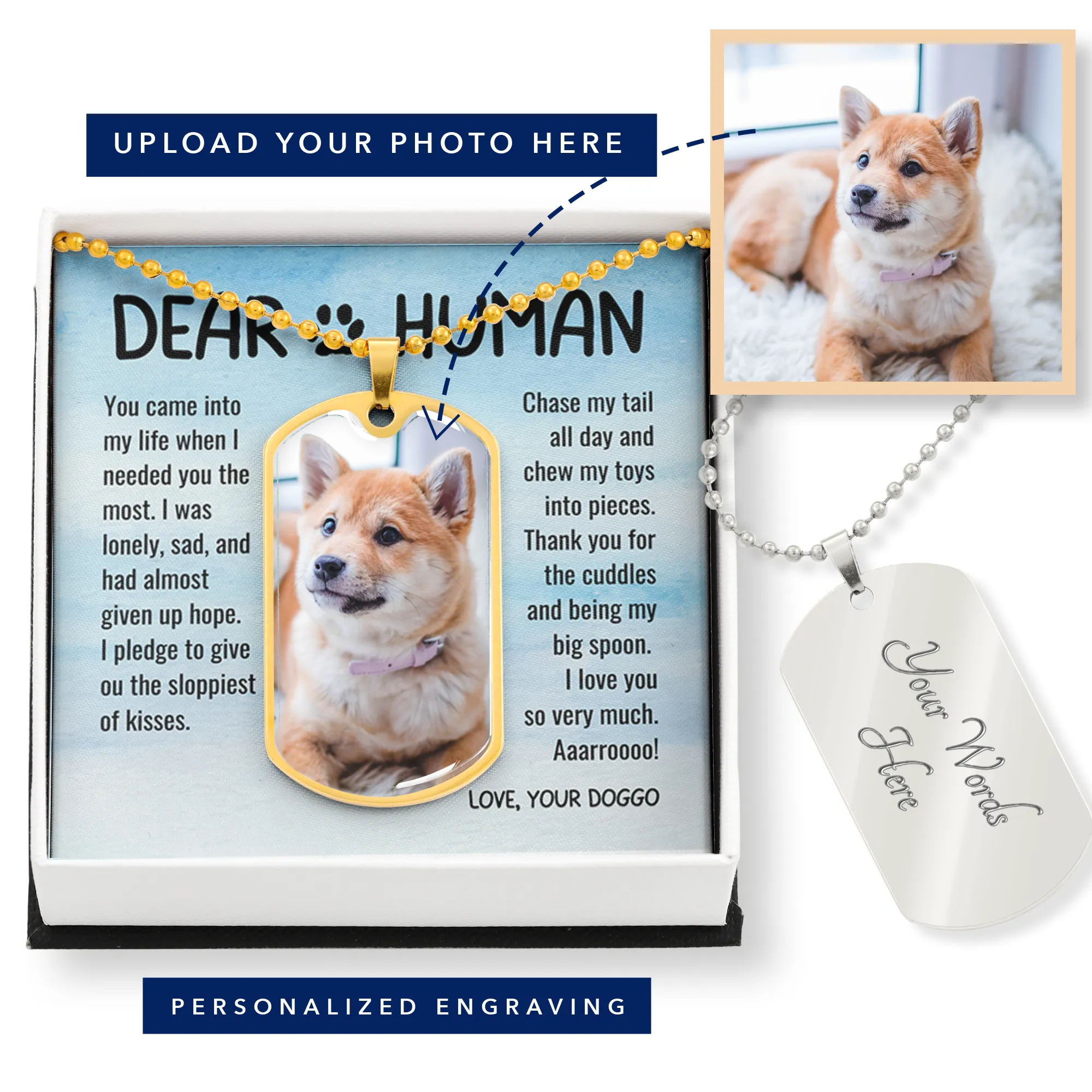 Thank You Dear Human Gratitude from Rescue Dog Adoption Custom Photo Dog Tag Military Necklace