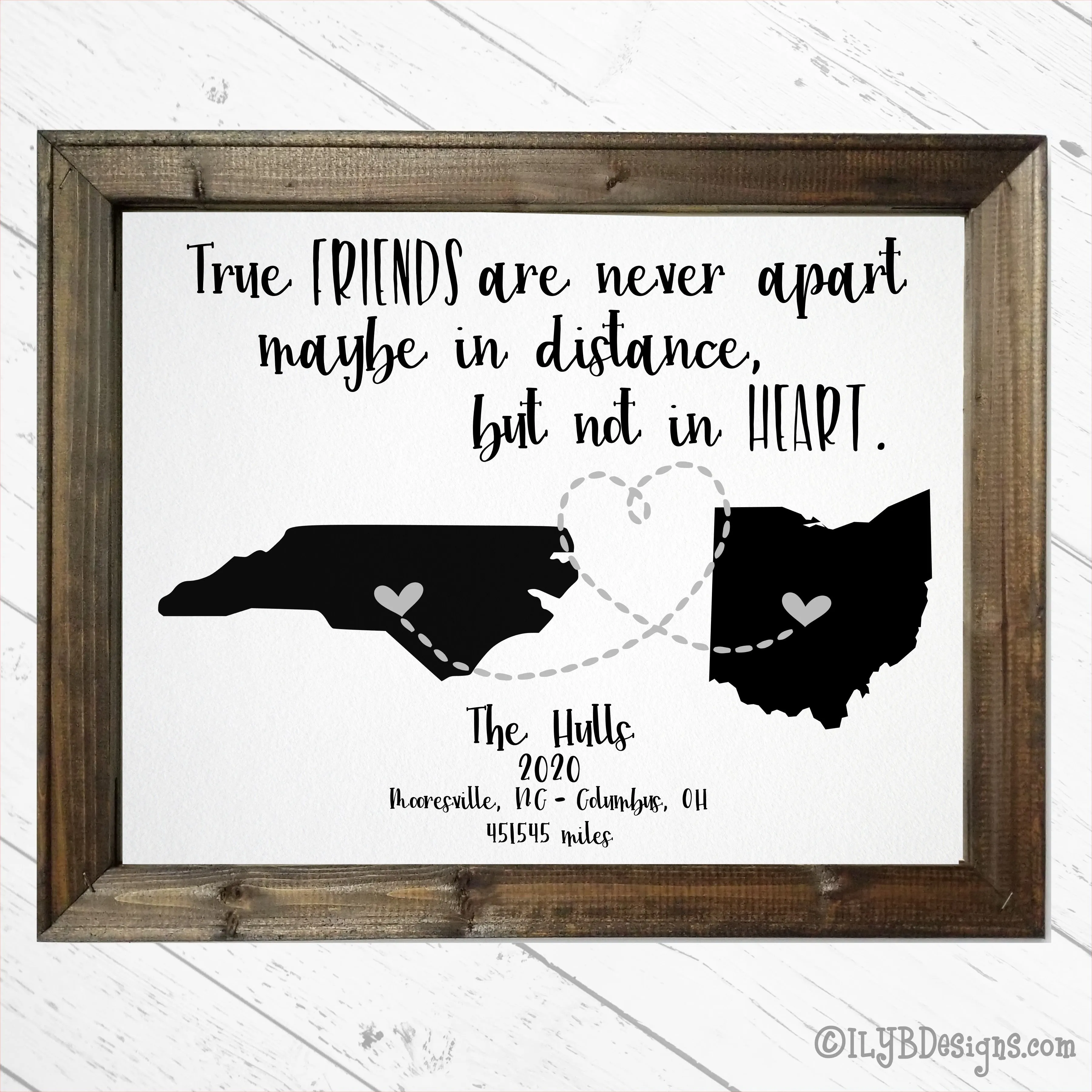 True Friends Are Never Apart - Moving State Silhouettes Framed Canvas Sign - Personalized Canvas Sign