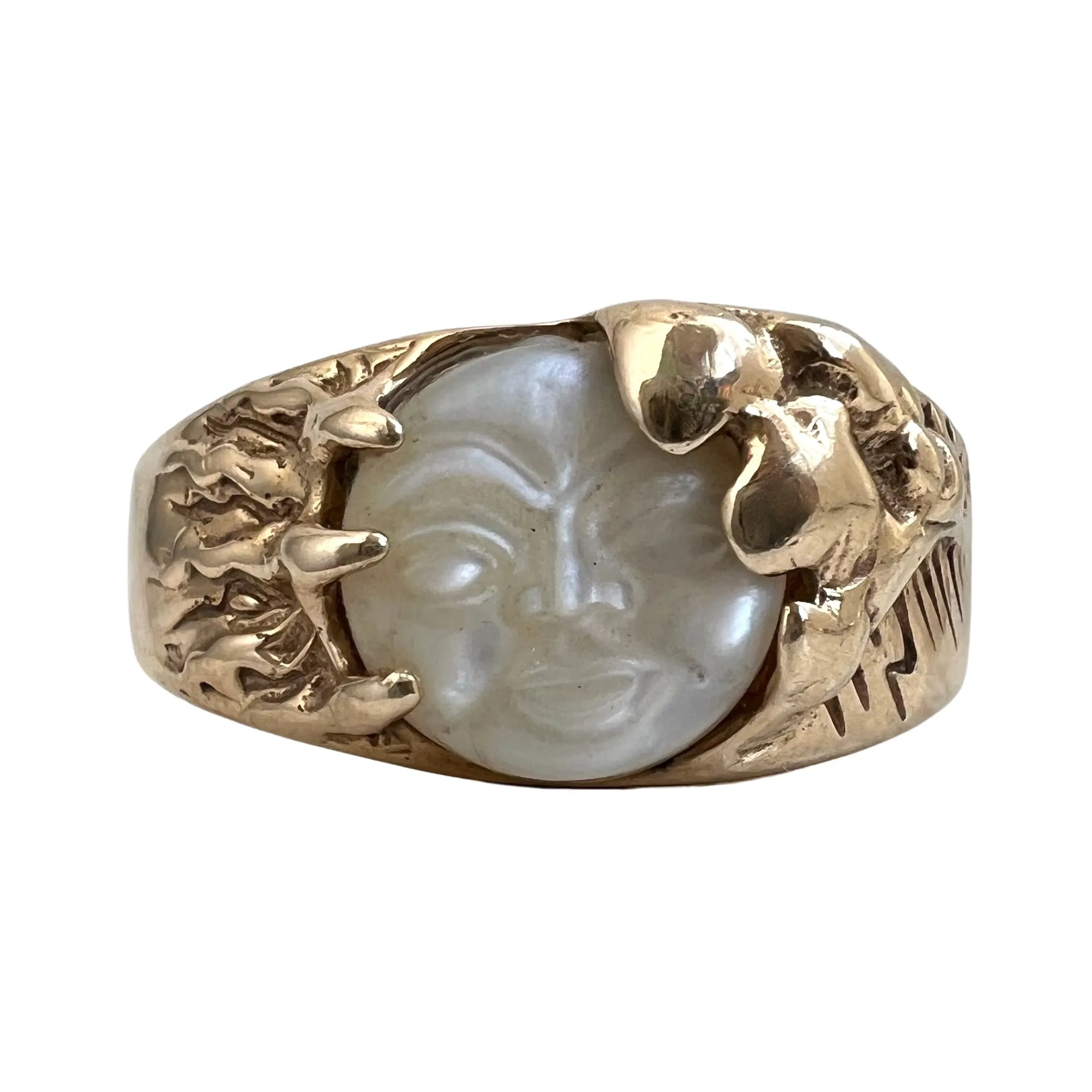 10K Yellow Gold Vintage Moon Face Ring with Mother of Pearl - Size 9.75