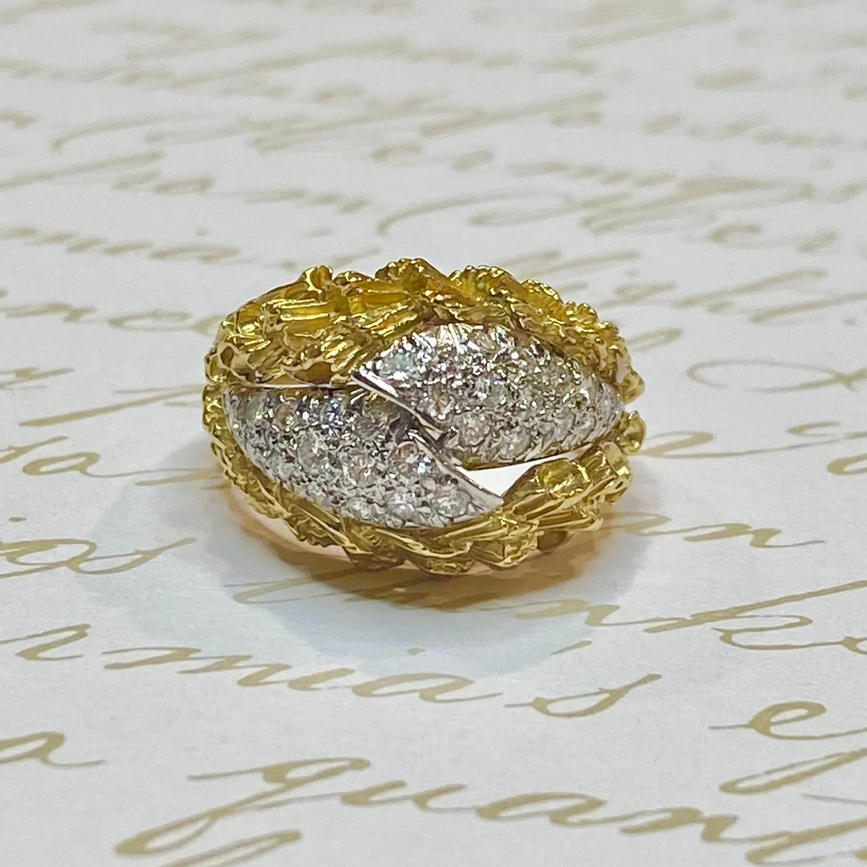 Vintage 18K Gold Textured Diamond Crossover Ring