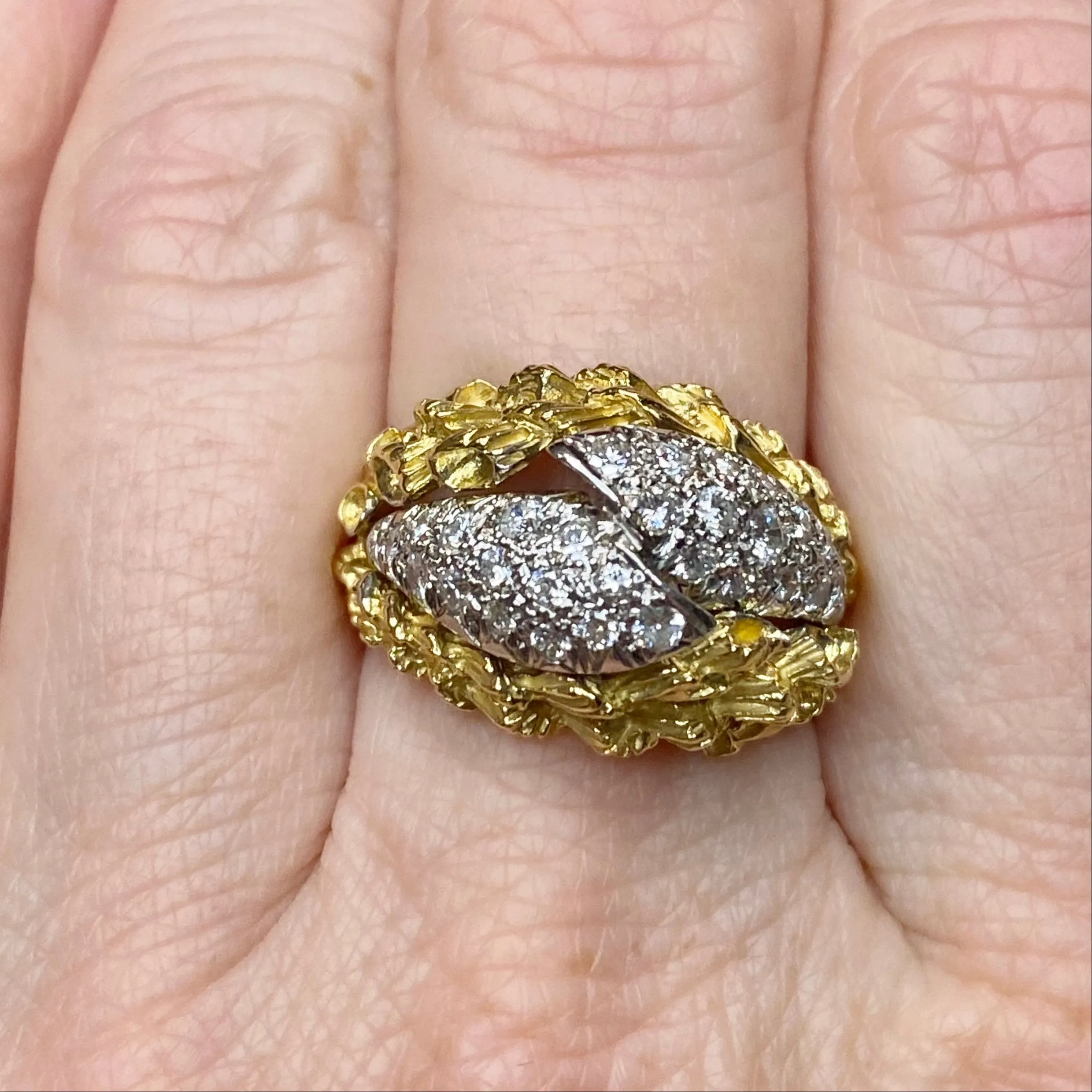 Vintage 18K Gold Textured Diamond Crossover Ring