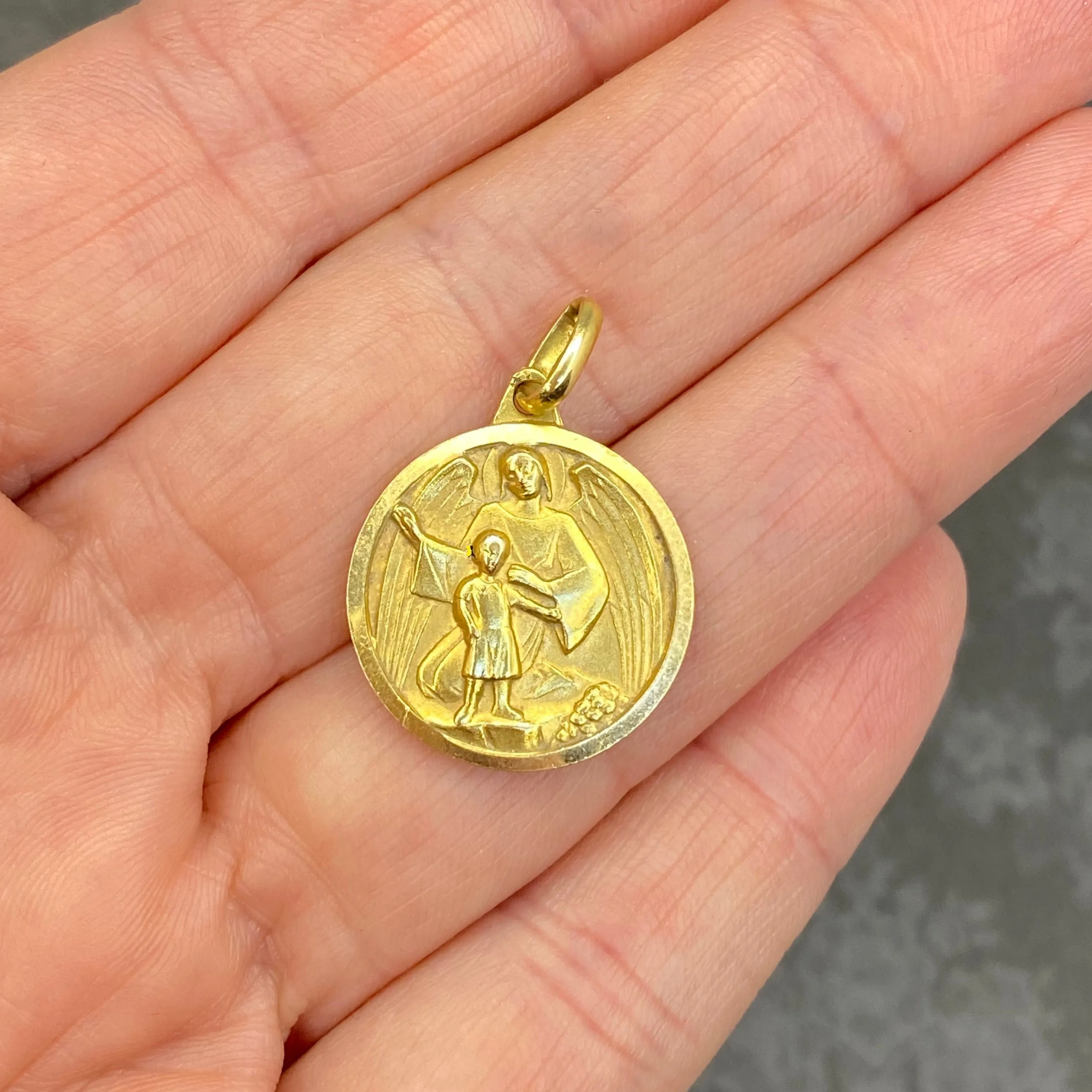 Vintage 18K Yellow Gold Guardian Angel Pendant