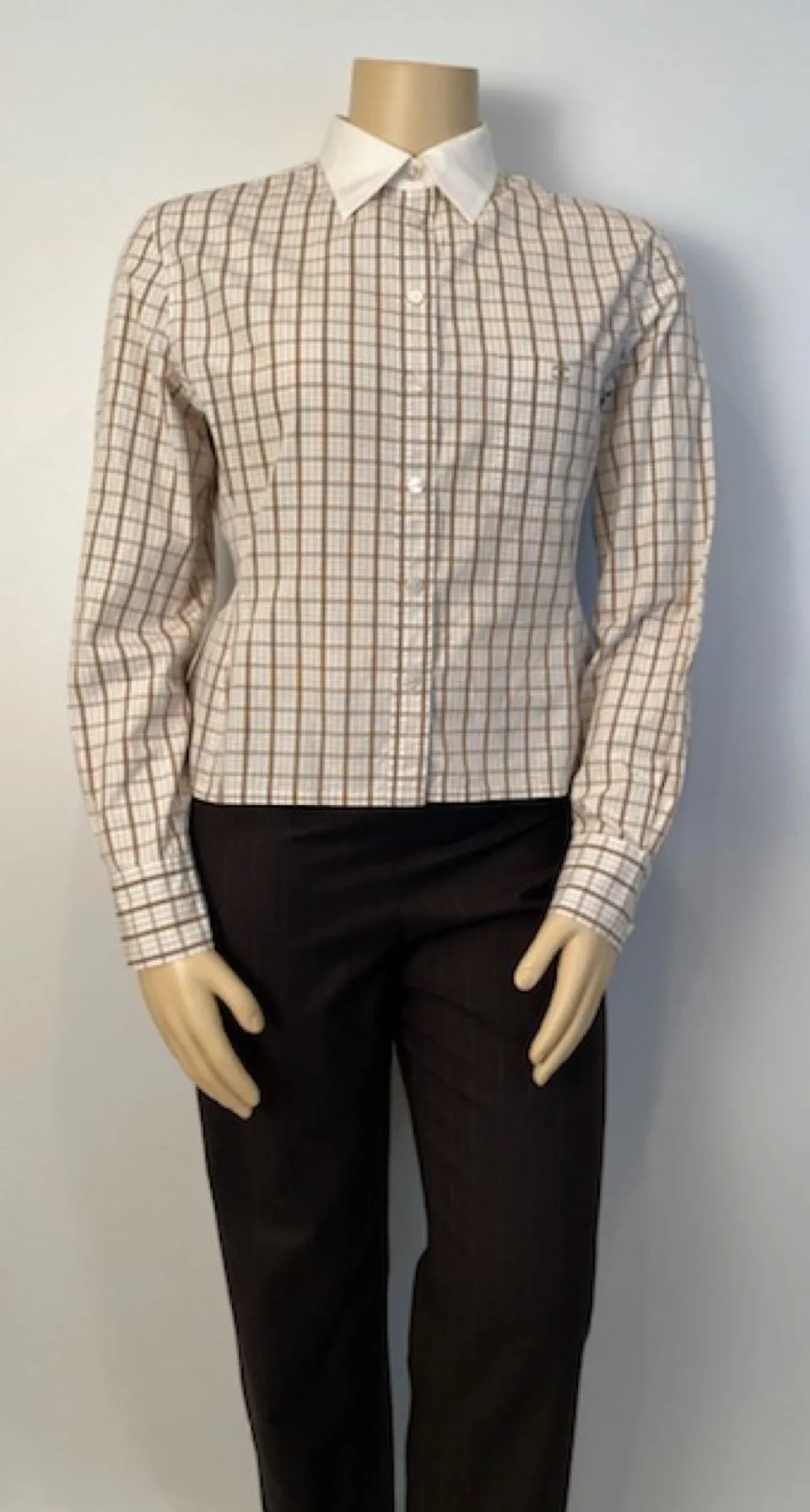 Vintage Chanel Brown Plaid Collar CC Logo Boyfriend Top Blouse US 12