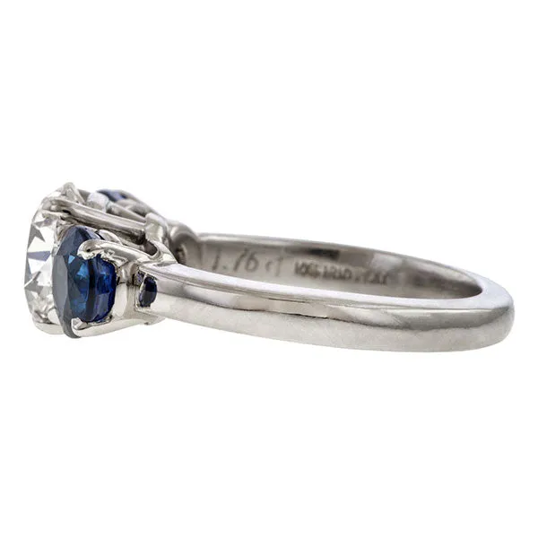 Vintage Cushion Cut Diamond & Sapphire Ring, 1.76ct